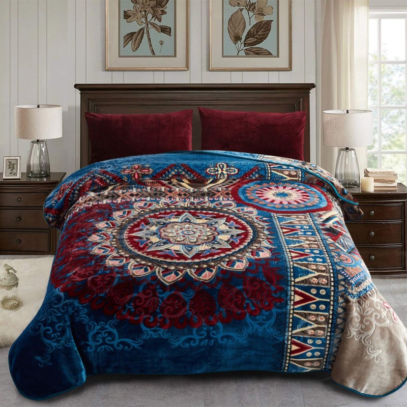 JML Fleece Blanket King Size for Winter, Korean Style Thick Raschel Bed Blanket 85 x 95 Inches- 9 Lbs, Single Ply, Soft, Warm, Plush Floral Printing with Luxury Embossing Pattern, Lake-Blue Circle - Image 2